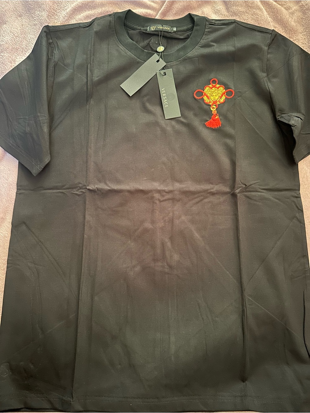 Versace Black Tee with Red and Gold Embroidered Medallion